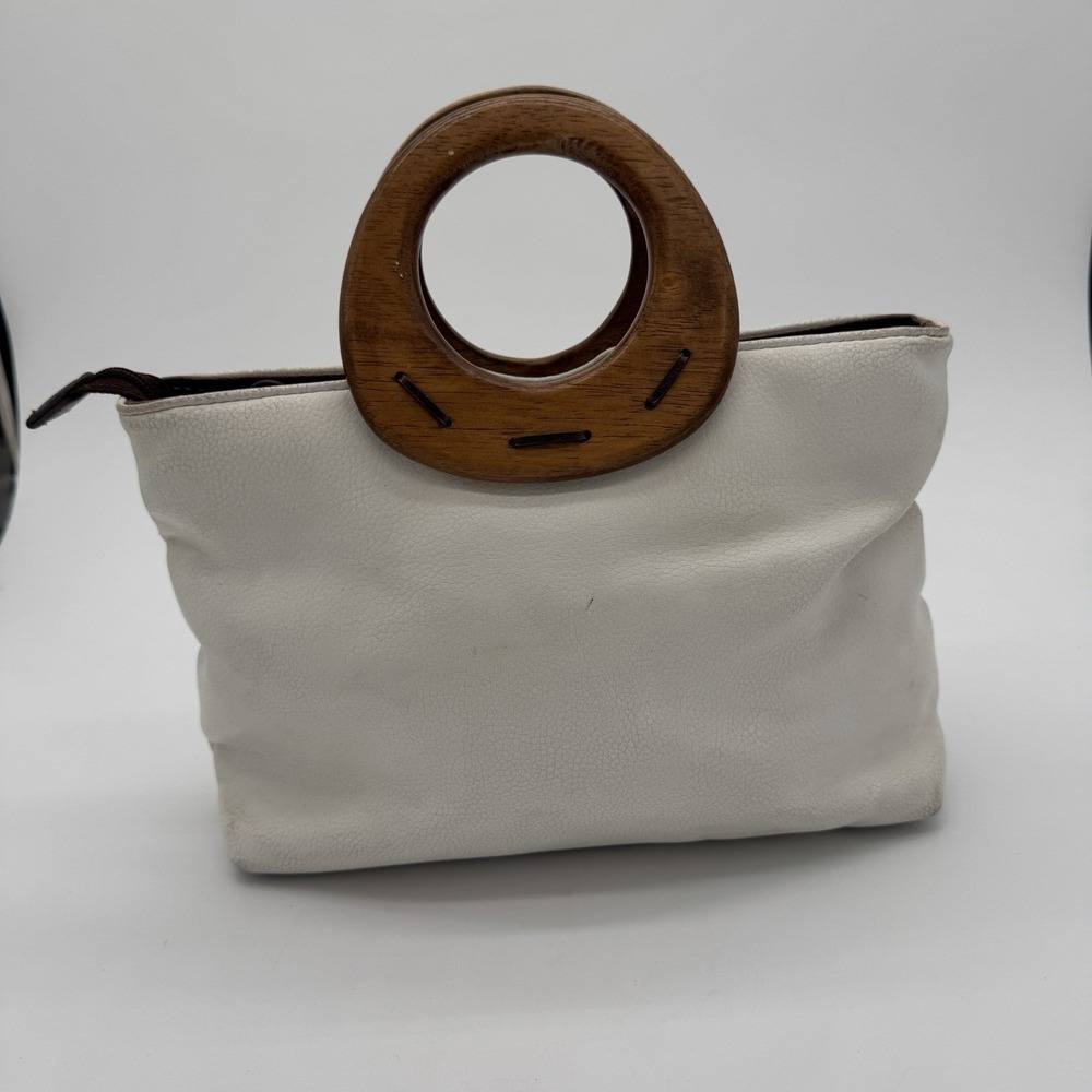 Relic Leather Handbag Wood Ring Handles‎ Cream Boho Y2K Vintage Chic